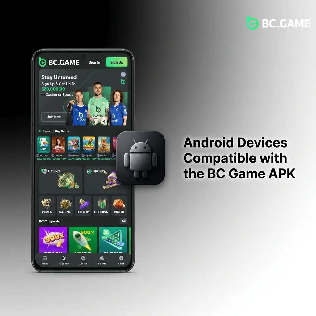 Android devices compatible with BC Game APK including Samsung, Xiaomi, OnePlus, and more running Android 5.0 and above