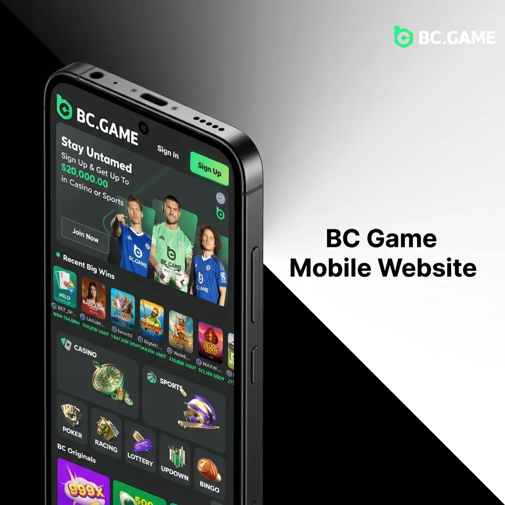 BC Game mobile website interface showing sports betting and casino access on iOS and Android browsers without installation