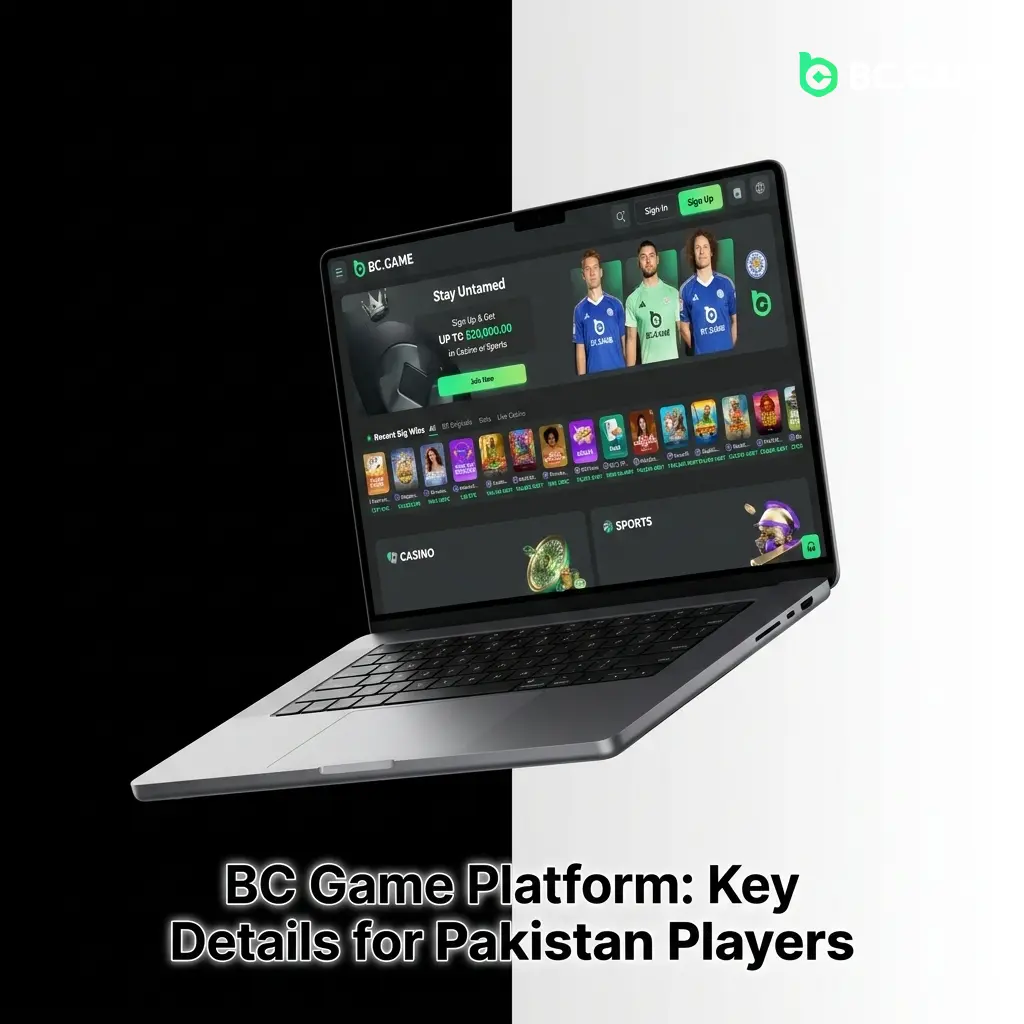 BC Game platform interface showing sports betting, casino gaming, SSL security and mobile app features for Pakistan players