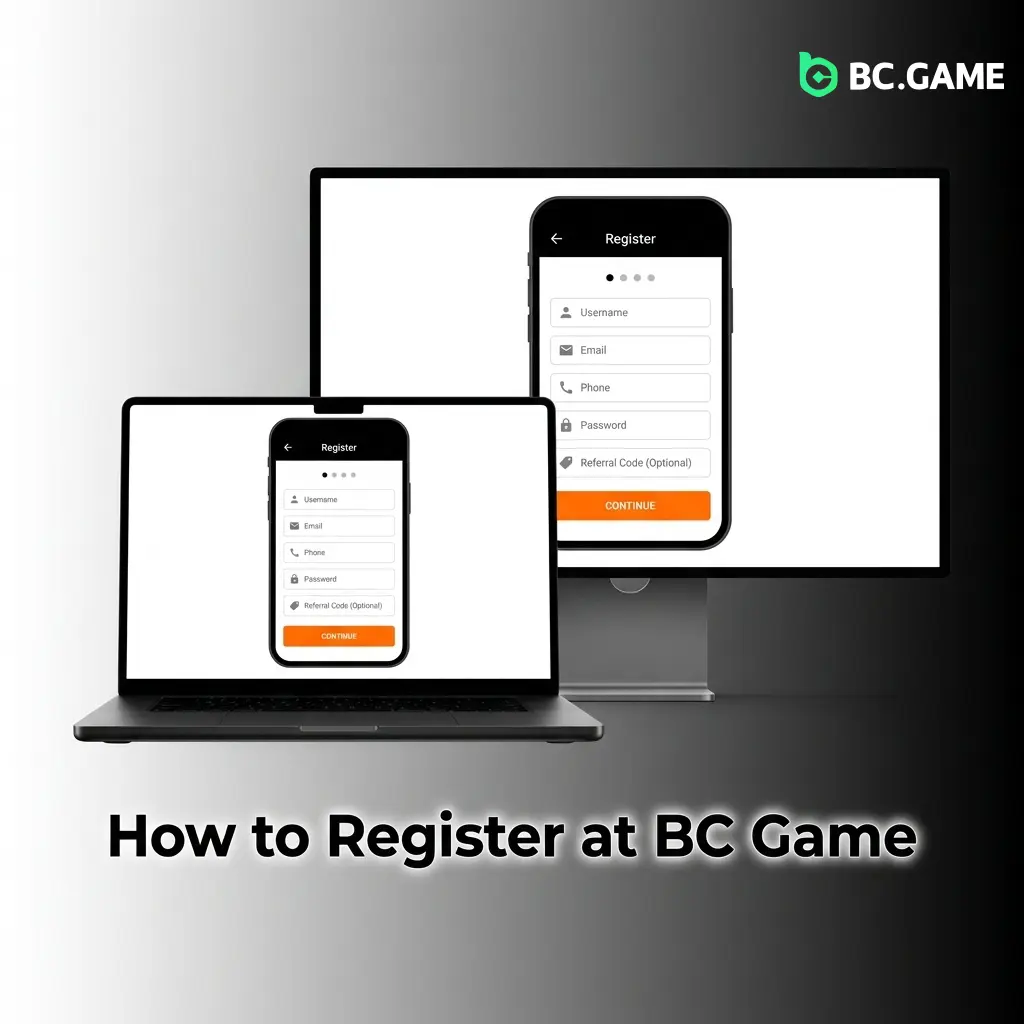 BC Game registration steps showing sign up process for Pakistan players with email, phone, or social login options