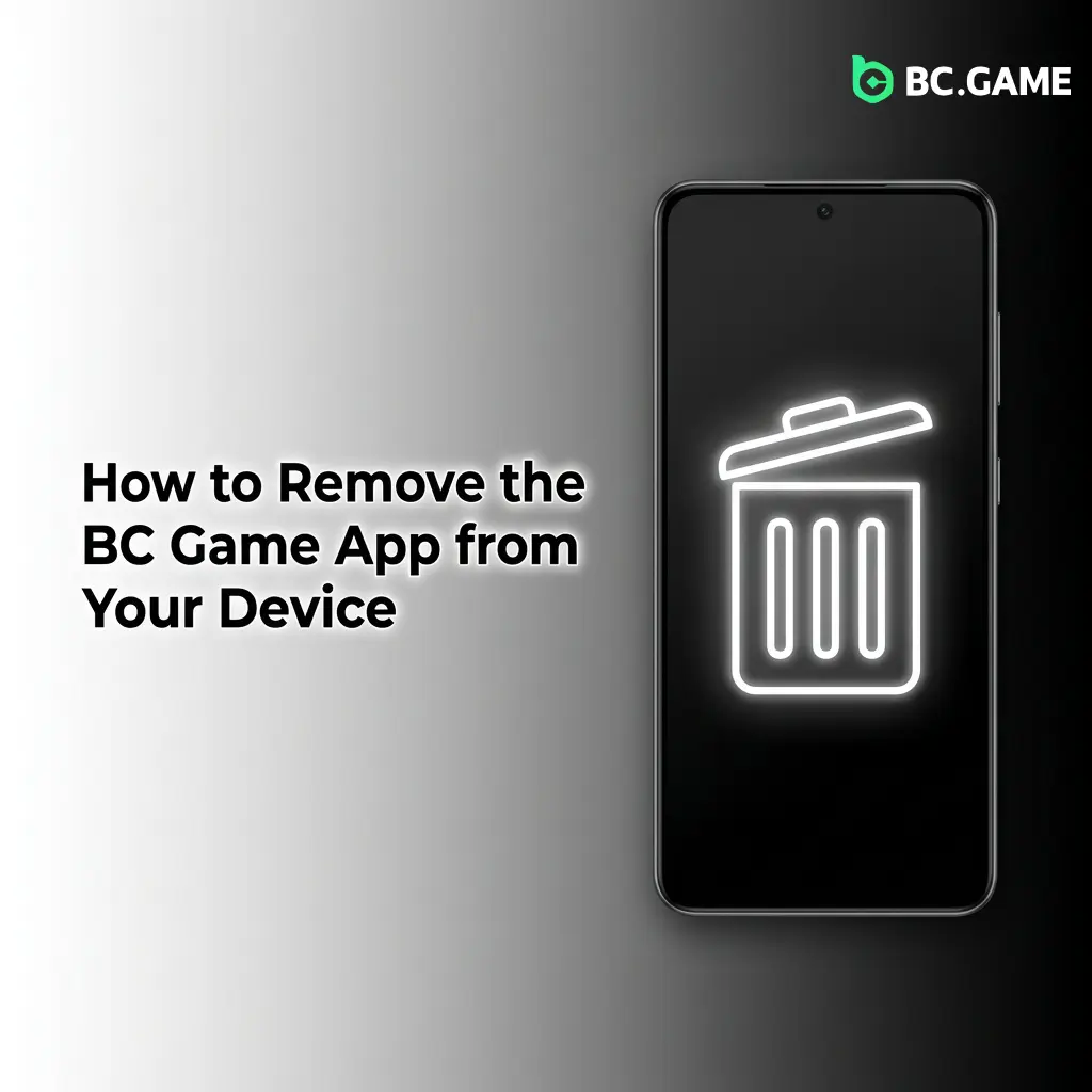 Person uninstalling BC Game app on Android and iOS device through settings or home screen icon options