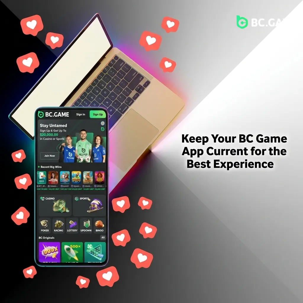 BC Game app update notification screen showing new features, security patches, and performance improvements for mobile betting