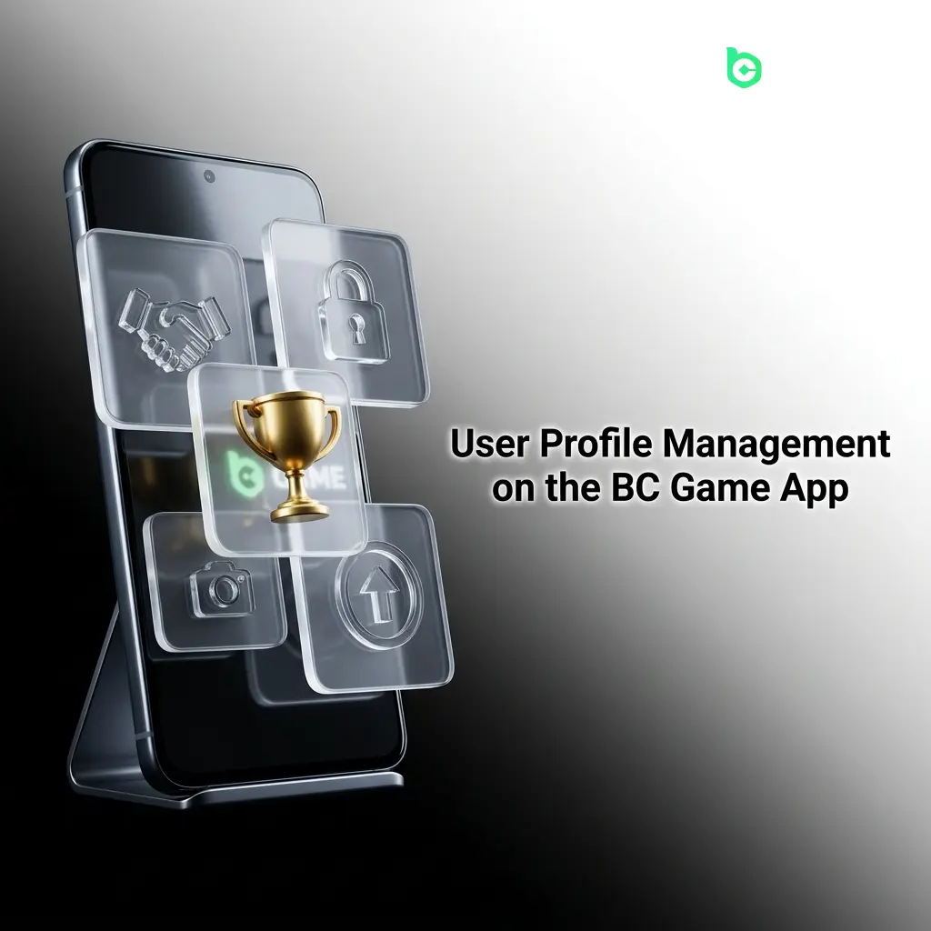 BC Game app profile section showing wallet balance, transaction history, account settings, and security options