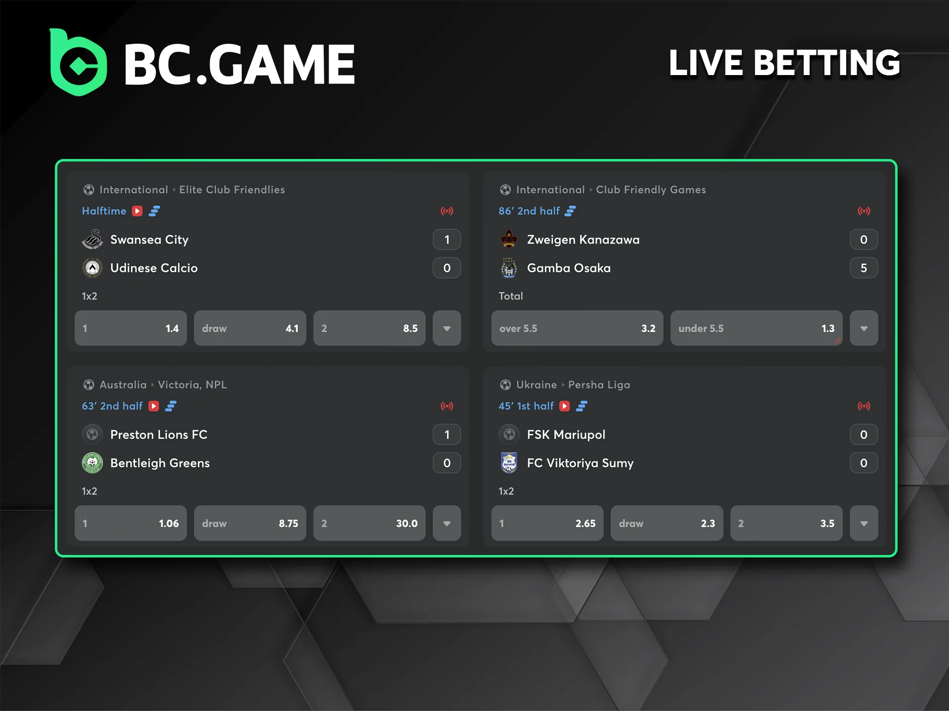 Follow the matches live and don’t forget to place your bets on the BC Game website.