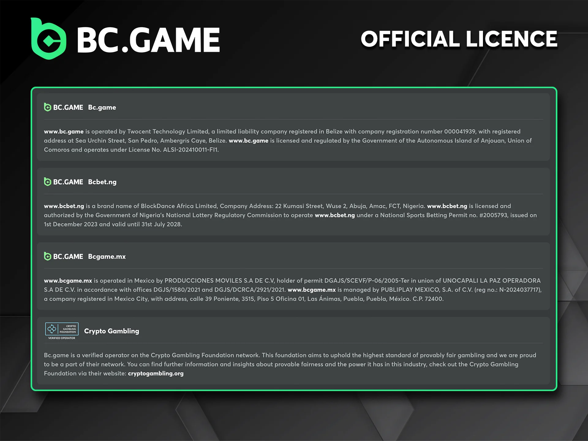 BC Game is a reputable bookmaker that holds all the necessary licences.