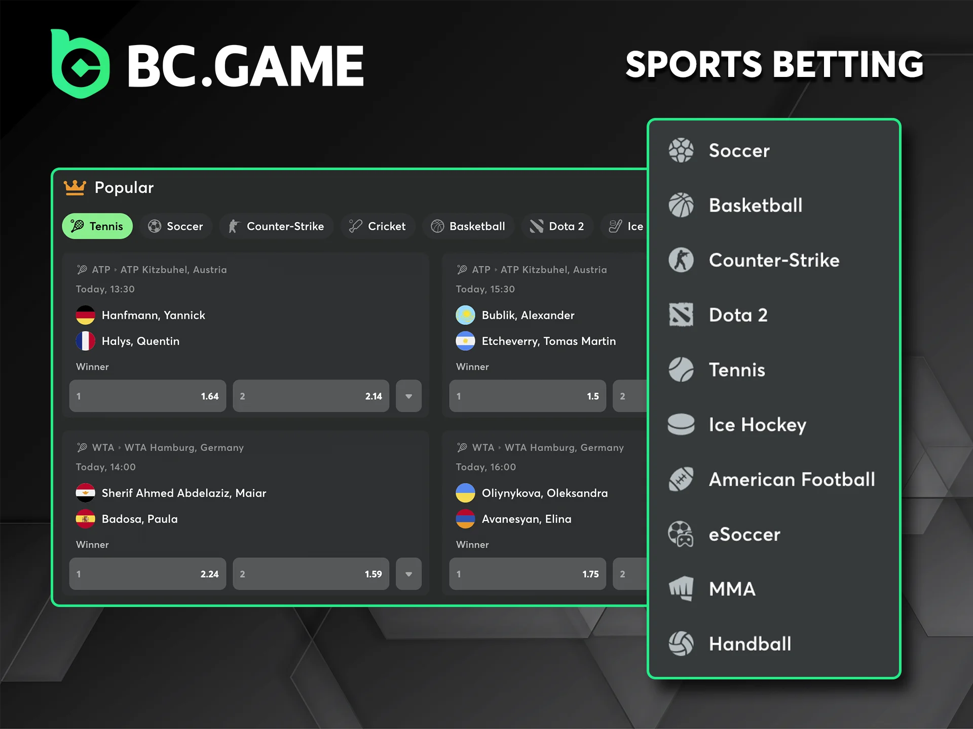 Explore the sports available for betting on the BC Game website.